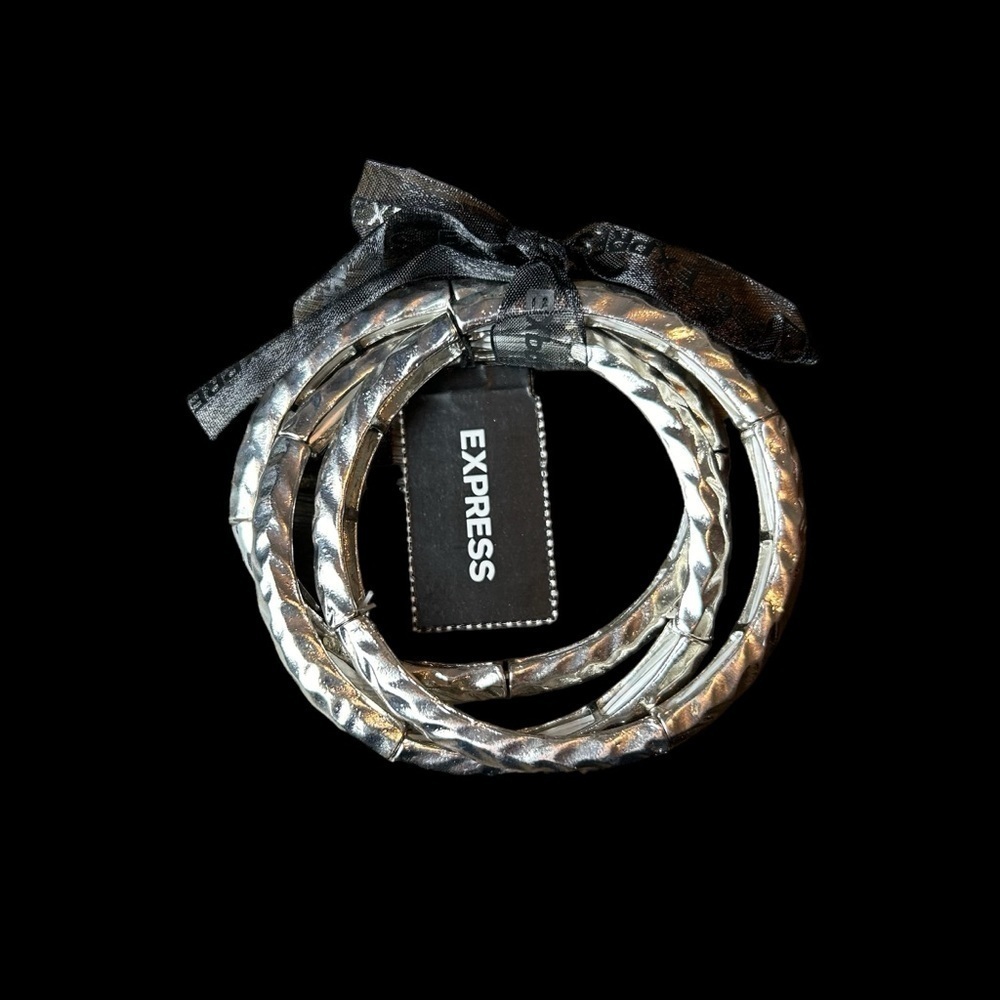 Express Silver Tone Textured Stretch Bangle Bracelet Trio